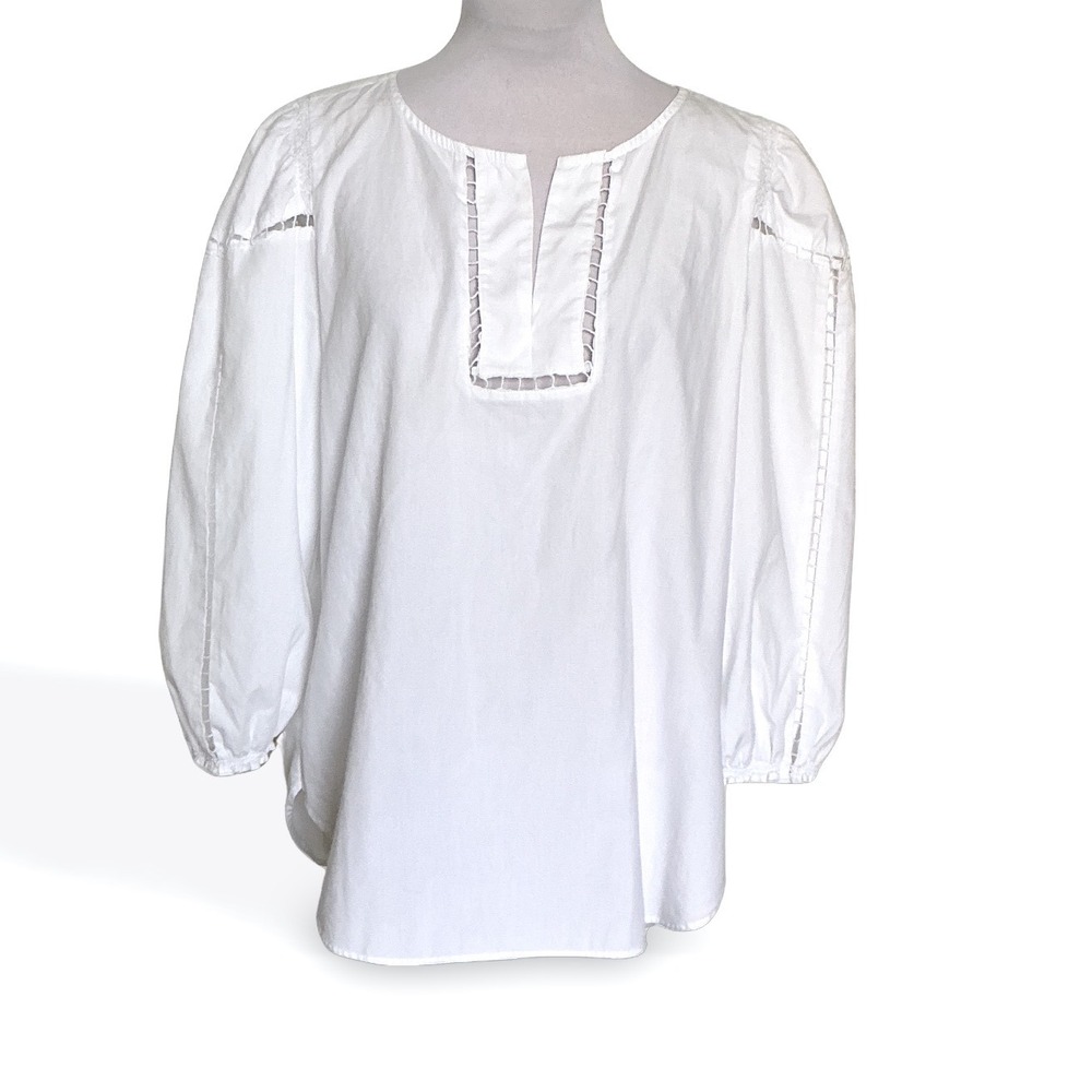 LOFT White Cotton Ladder Lace Balloon Sleeve Blouse Womens Medium Split Neck